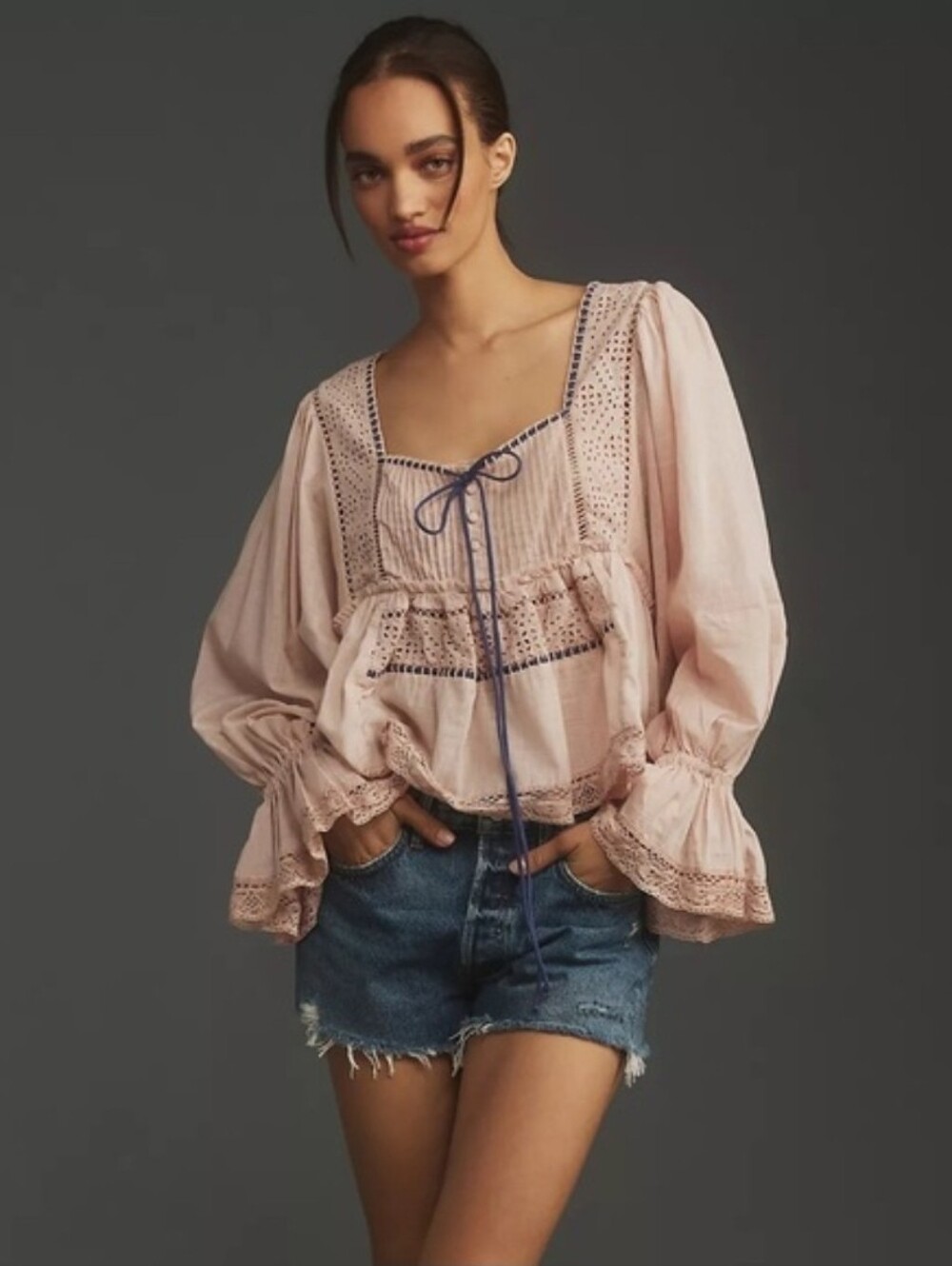 By Anthropologie Long-Sleeve Eyelet Swing Top Plus Size 2x Boho